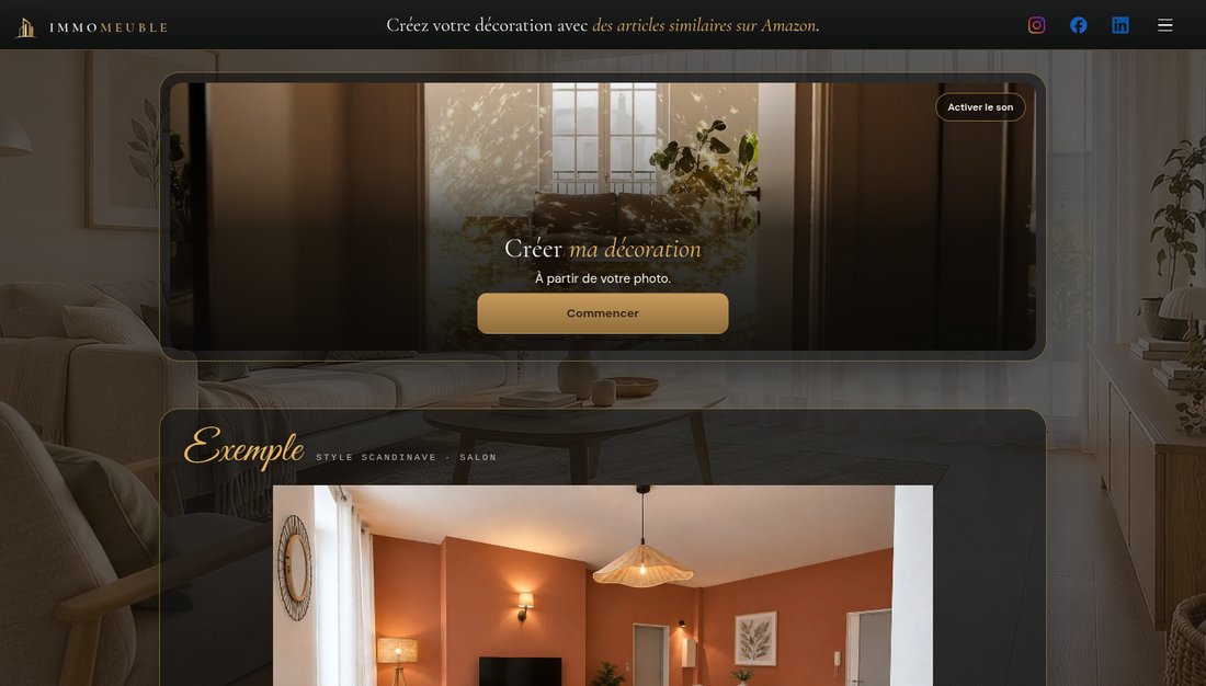L'accueil : dans la bande du haut, « Créez votre décoration avec des articles similaires sur Amazon » ; une carte, « Créer ma décoration — À partir de votre photo », avec son bouton Commencer ; dessous, l'exemple d'un salon scandinave.