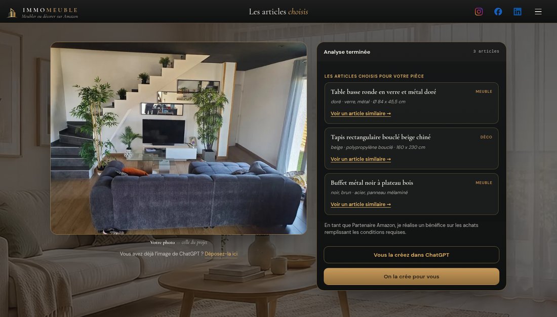 L'écran « Les articles choisis » : à gauche la photo du salon ; à droite trois articles du catalogue — une table basse ronde en verre, un tapis beige bouclé, un buffet noir et bois — chacun avec « Voir un article similaire », la mention Partenaire Amazon, puis les boutons « Vous la créez dans ChatGPT » et « On la crée pour vous ».
