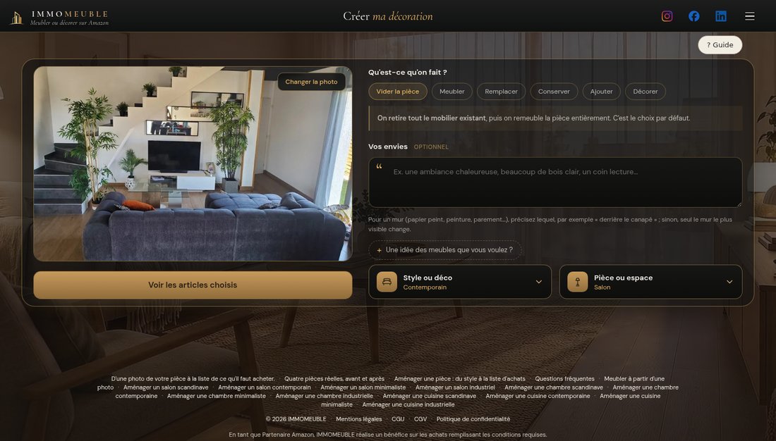 Le formulaire « Créer ma décoration » : à gauche la photo d'un salon et le bouton « Voir les articles choisis » ; à droite les six gestes, « Vider la pièce » choisi, le champ « Vos envies », le style Contemporain et la pièce Salon.