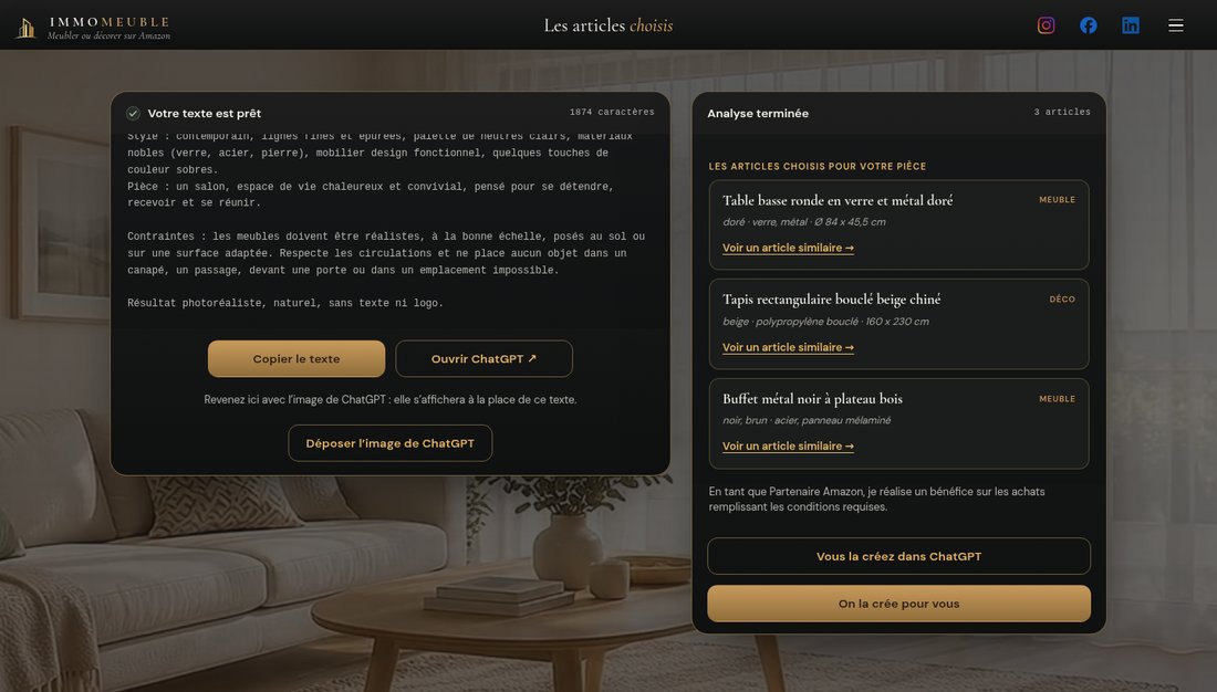 L'écran « Les articles choisis », voie gratuite : à gauche « Votre texte est prêt », le texte à coller, les boutons « Copier le texte », « Ouvrir ChatGPT » et « Déposer l'image de ChatGPT » ; à droite les mêmes trois articles.
