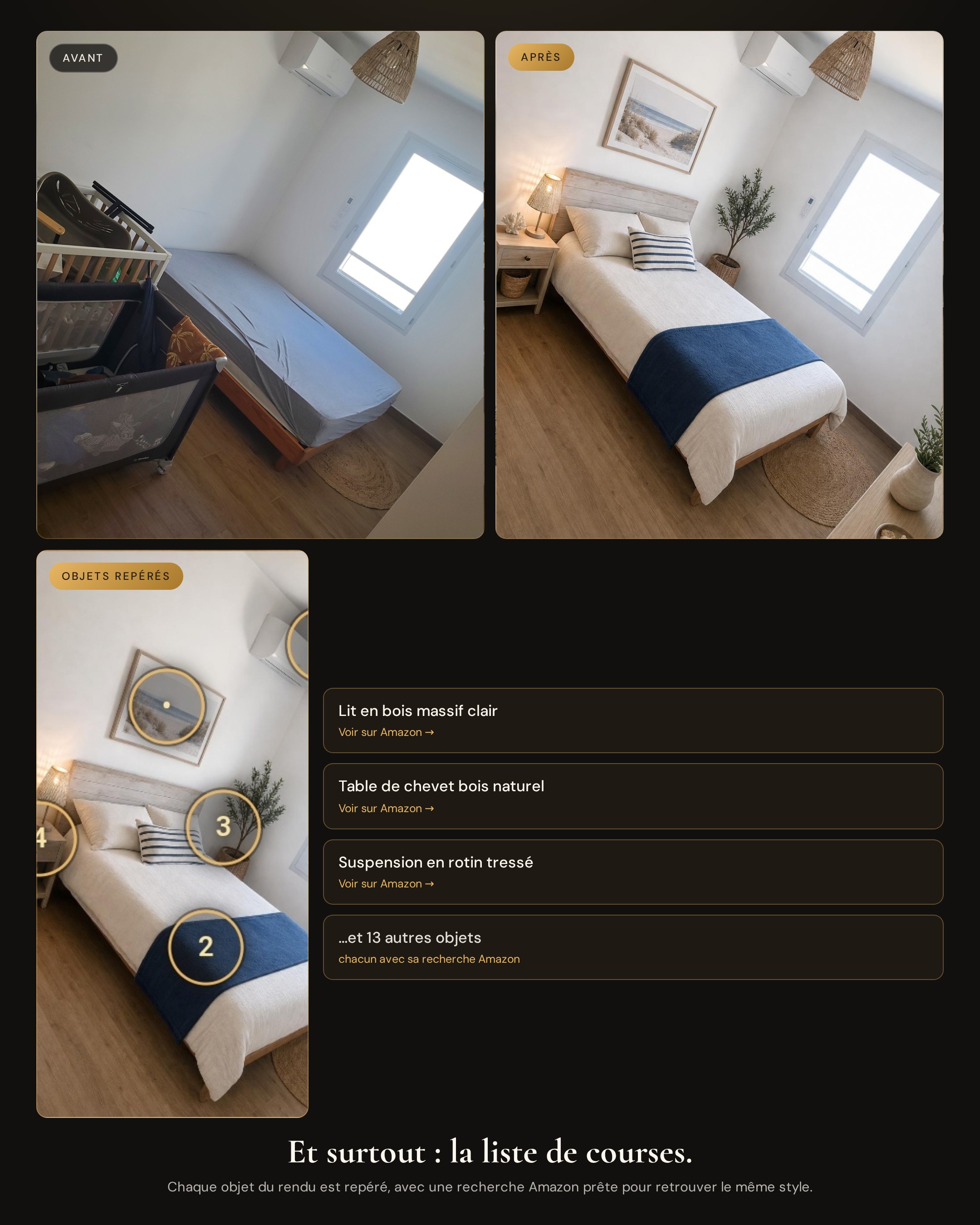 Avant/après réel d'une chambre d'amis redécorée en style bord de mer par IMMOMEUBLE, avec objets identifiés et liste d'achat