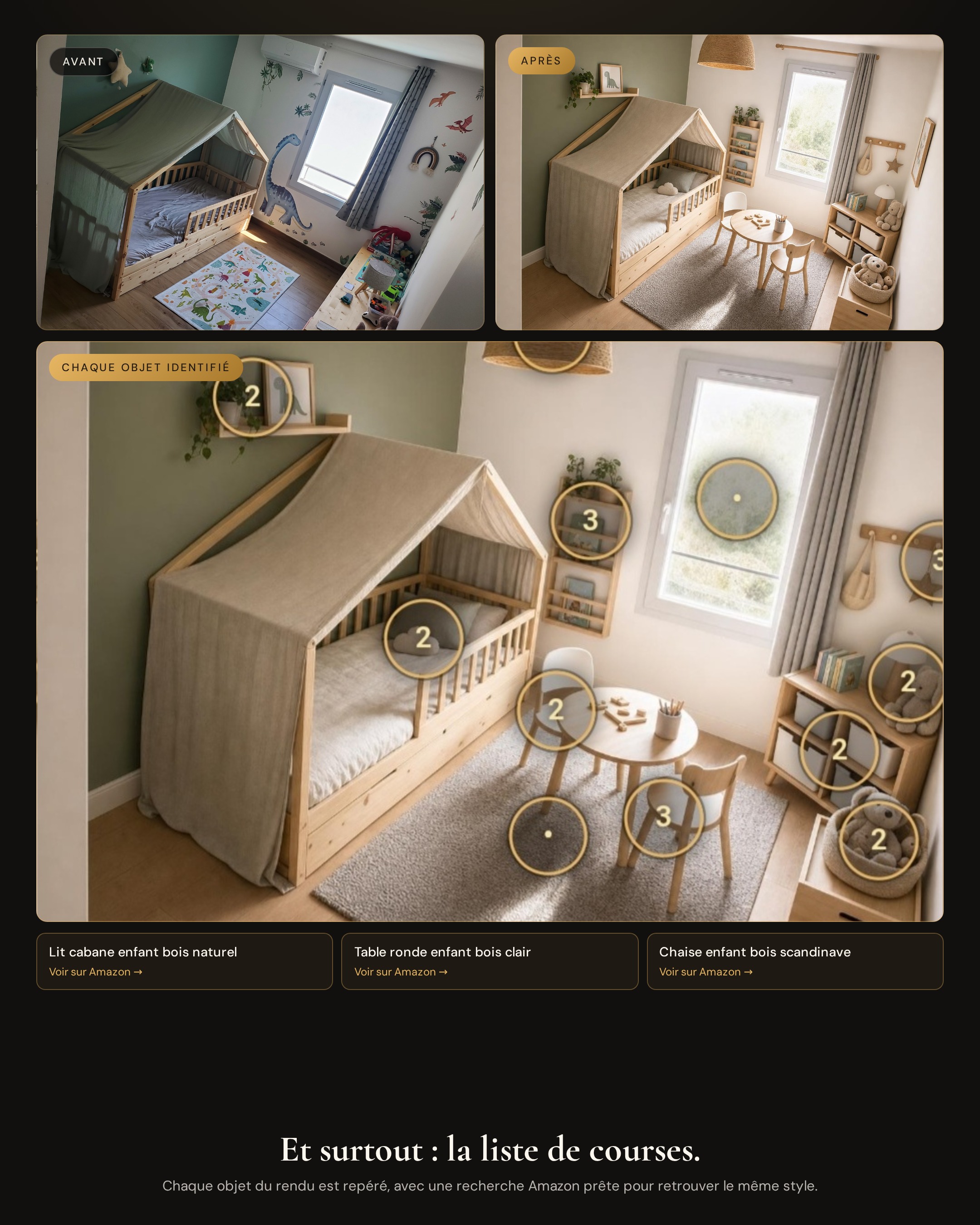 Avant/après réel d'une chambre d'enfant redécorée en style scandinave par IMMOMEUBLE, avec objets identifiés et liste d'achat