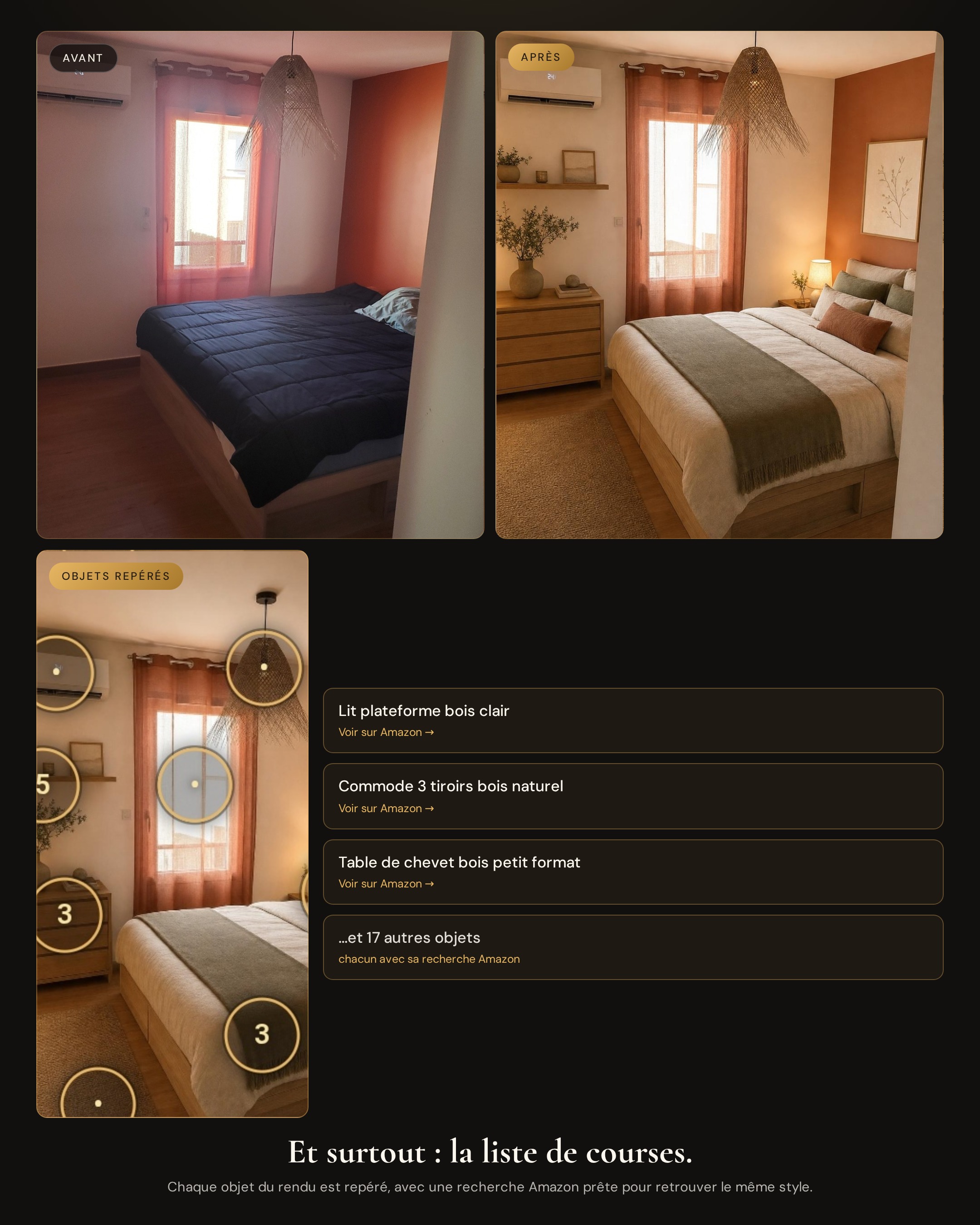 Avant/après réel d'une chambre parentale redécorée en style terracotta bohème par IMMOMEUBLE, avec objets identifiés et liste d'achat